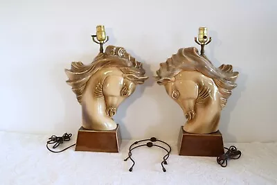 VINTAGE PAIR OF CERAMIC BROWN HORSE HEAD BUST STATUE 19 1/2 H Table Lamps WORKS! • $99.99