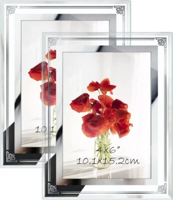 £10.99 • Buy Photo Frame Mirrored Edge Picture Slide In 4x6  Glass Tabletop Desk Top Set Of 2