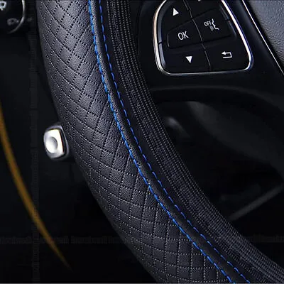 $8.99 • Buy Leather Car Steering Wheel Cover For Good Grip Auto Accessories 15  Black-Blue