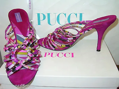 EMILIO PUCCI Sandals HEELS Suede Leather Gold Silver Ring 39.5 9.5 9 8.5 BOX BAG • $444.41