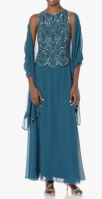 J Kara Embellished Mother Of  The Bride Beaded Long Dress Teal Womens Size 16P • $67.99