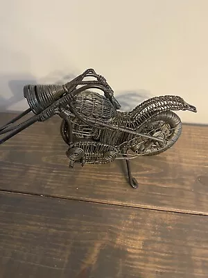 12” WIRE ART SCULPTURE HARLEY CHOPPER MOTORCYCLE MOVING WHEELS Vintage • $49.95