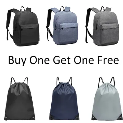 KONO Plain Large School Rucksack College Laptop Backpack Drawstring A4 Gym Bag • £9.99