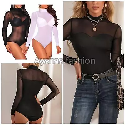 Ladies Womens Mesh Polo Sheer Turtle Neck High Neck Long Sleeve Leotard Bodysuit • £12.89