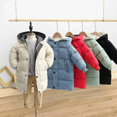 Girls Boys Kids Long Padded Down Coats Jacket Hooded Parka Outerwear Warm Winter • £23.75