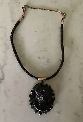 Mourning Jewelry Hair Necklace With Black Highly Carved Cameo • $175