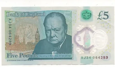 Bank Of England £5 Polymer/ Plastic Note 2017 AJ Prefix • £7.99