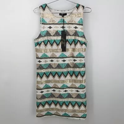 New C. Luce Sheath Dress Beige Geometric Lined Crew Sleeveless Sequin - Medium • $5.75