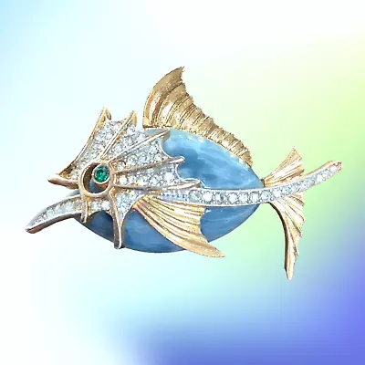 Vintage Fish Rhinestone Brooch Pin Enamel Gold Tone Green Blue Ocean Tropical • $17.99