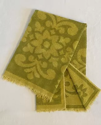 Vintage Avocado Green Gold Sculpted Floral Bath Towel Mid Century Reversible • $13.95