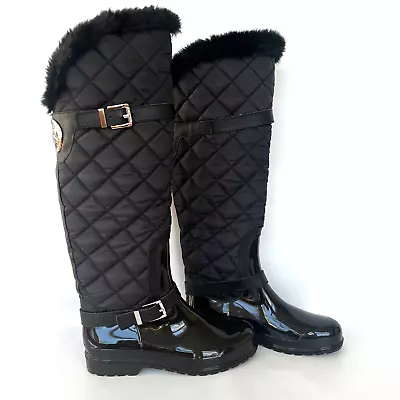 Michael Kors Black Sz 8M Fulton Quilted Faux Fur Rubber Gloss Rain Winter Boots • $59