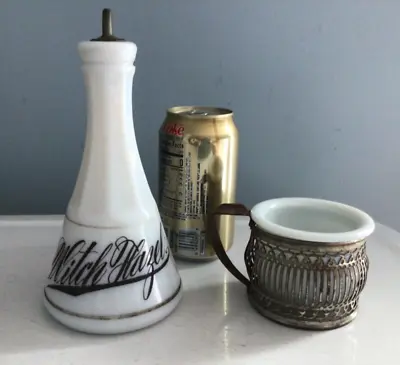 Antique Opaline Clambroth WITCH HAZEL BARBER BOTTLE & Milk Glass SHAVING CUP • $75