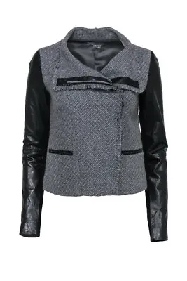 Vince Boucle Lamb Leather Sleeve Moto Jacket Gray Black Womens XS Asymmetric Zip • $69