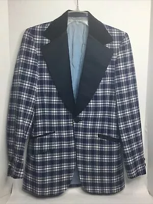 Vtg 60s 70s Tuxedo Jacket Suit Coat Lord West Blue Plaid Blazer  Retro Men 32-24 • $84.95