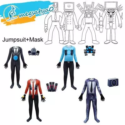Kids Skibidi Toilet TV Man Costume Jumpsuit Mask Halloween Party Cosplay Outfit • $30.99