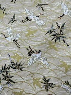 Japanese Cranes Fabric Art Deco Heron Stork Birds Gold Cream Oriental 1 Meter • £10.99