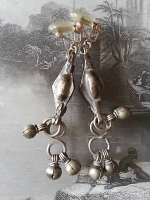 Middle Eastern Silversmithed Bellydancer Silver Bells EARRINGS Antique Vintage • $32.52