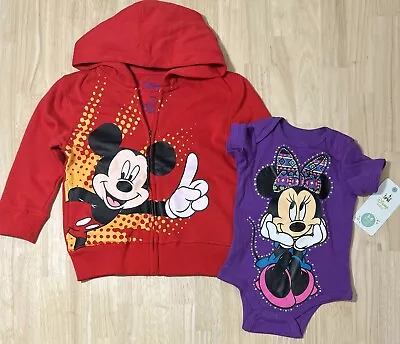 (3T And 3-6Month) DISNEY Mickey Mouse ZIP UP Hoodie And Minnie Mouse Unitard NWT • $34.99