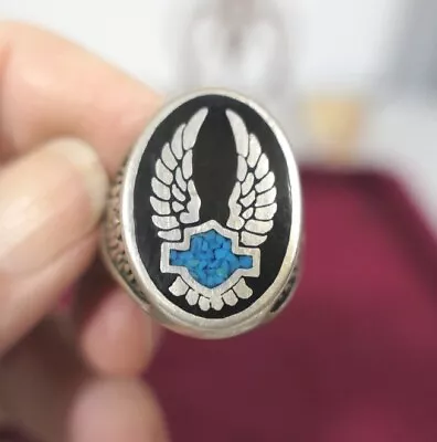 Vintage Harley Davidson Bar & Shield W Wings Sterling Turquoise Onyx Ring Sz 12 • $89.99