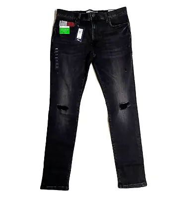 Tommy Hilfiger Skinny Fit Stretch Jeans Mens 34 X 32 Vintage Black Distressed • $44.95