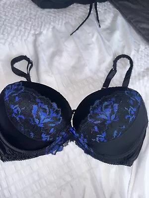 Kelly Brook Black Blue Padded Underwired Lace Trim Bra Size 36D  • £3.99