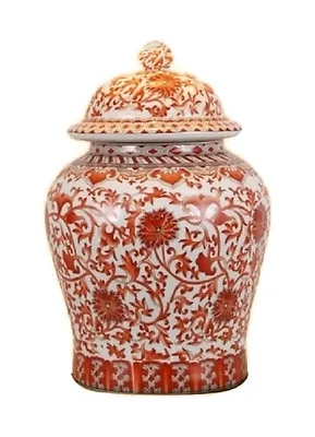 $169.99 • Buy Beautiful Orange/Coral And White Porcelain Chinoiserie Temple Jar 13 