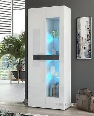 White Display Cabinet 2-Door Cupboard Unit High Gloss &Matt Milano08 LED Lights • £239.90