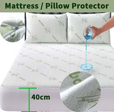 Bamboo 100% Waterproof Matress / Pillow Mattress Protector Soft Fitted Bed Cover • $17.69