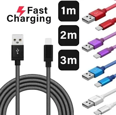 1m 2m 3m Long Charger For IPhone 14 13 12 11 XR 7 8 Braided USB Data Lead Cable • £2.99