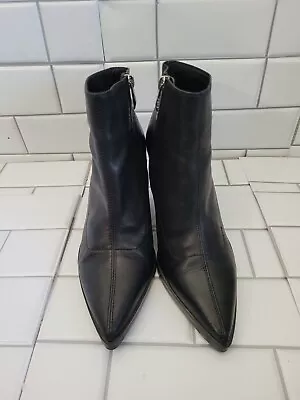 Zara Trafaluc Ladies Black Leather Ankle Boots Pointed Toe 3.5in Wedge Block... • $43