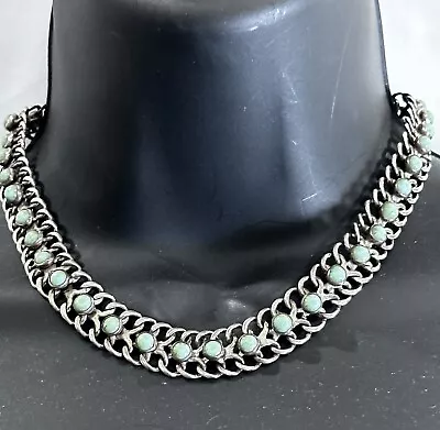 Taxco Mexico Sterling Silver Turquoise Link Necklace 52 Grams 15.5” Vintage • $315