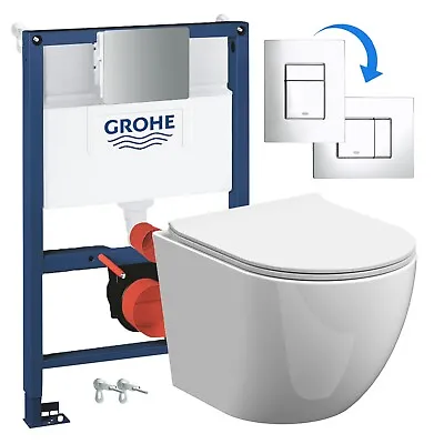 Rimless ECO Wall Hung Toilet Pan Seat & GROHE 0.82m Low Height Cistern WC Frame • £339