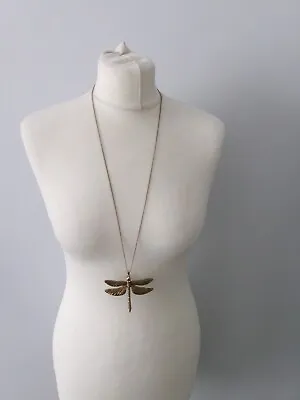 Costume Jewellery Statement Necklace Muted Gold Tone Dragonfly Pendant • £7.85