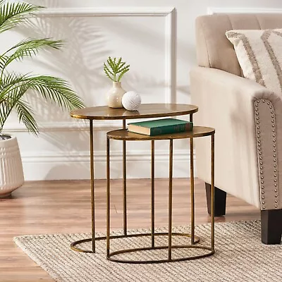 Boho Handcrafted Metal Oval Nesting Tables Set Of 2 • $166.83