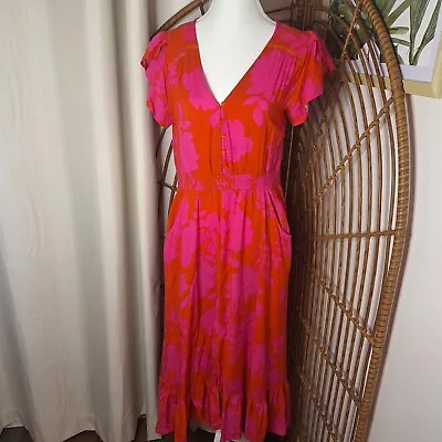 LABEL OF LOVE S Tiered Maxi Dress Pink Orange Floral Boho Hippie Bohemian Rayon • $34.99