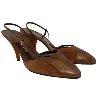 NWOT Halston Vintage Brown Suede Bronze Leather Slingback Heels • $141.30