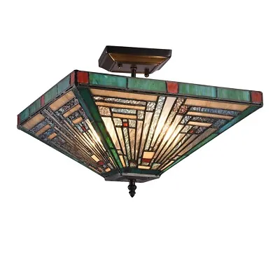 Tiffany-Style Mission Arts & Crafts Semi-Flush Ceiling Fixture 14  Shade Green • $174.73