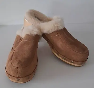 UGG Kalie Shearling Clogs Womens Sz 7 Chestnut Suede Leather Slip On Shoes Brown • $23.36