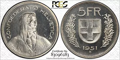 1951-b Switzerland Confederation 5 Francs Pcgs Specimen-64 Bern Mint Km40 • $269.99