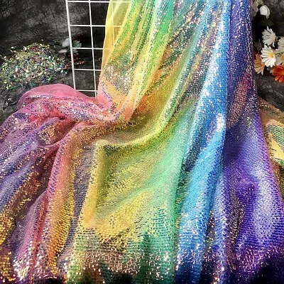 Colorful Rainbow Shiny Material Sequin Fish Scale Fabric Drape Designer Fabric • $149.23