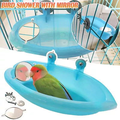 Bird Budgie Bath Shower With Mirror Pet Cage Accessories Parrot Bathtub Box • £5.39