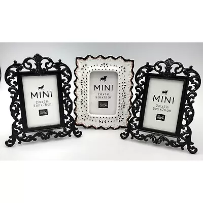 Lot 3 Mini Picture Frames 2 Black Baroque Metal 1 White Photograph Holder • $19.19