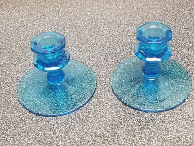 3 1/4  Pair Moonlight BLUE Glass Hexagon TAPER Candle Holders CANDLESTICK MINI • $10