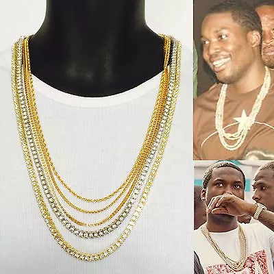 Mens Hip Hop Meek Mill 5 Chains Necklace Set Cz roperound box Chain Stainless • $14.99