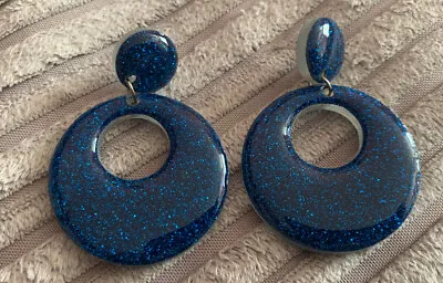 £5.99 • Buy Acrylic Blue Glitter Hoop Earrings 60s 70s Retro Vintage Costume Jewellery