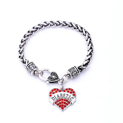 Diabetic Heart Charm Bracelet Medical Alert Diabetes Crystal • $8.95