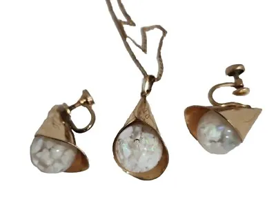 Vintage 1/20 12k  Gold Filled Floating Orb Opal Pendant 16  Necklace Earring Set • $189.99
