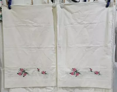 Vtg 2 Thomaston Pillowcases STANDARD White Stamped Embroidery Pink Rose Floral • $23.80