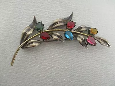 Vintage Signed Symmetalic Sterling Silver 14k Colorful Crystals Leaf Brooch Pin • $48.75