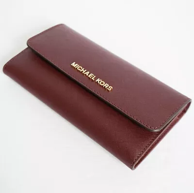 Michael Kors Jet Set Travel Large Trifold Saffiano Leather Wallet Merlot $228 • $79.80